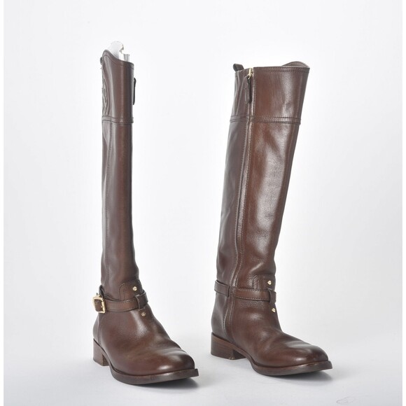 Tory Burch Marlene Embossed Logo Brown Leather Knee High Riding Boots Size 6M - Picture 2 of 6